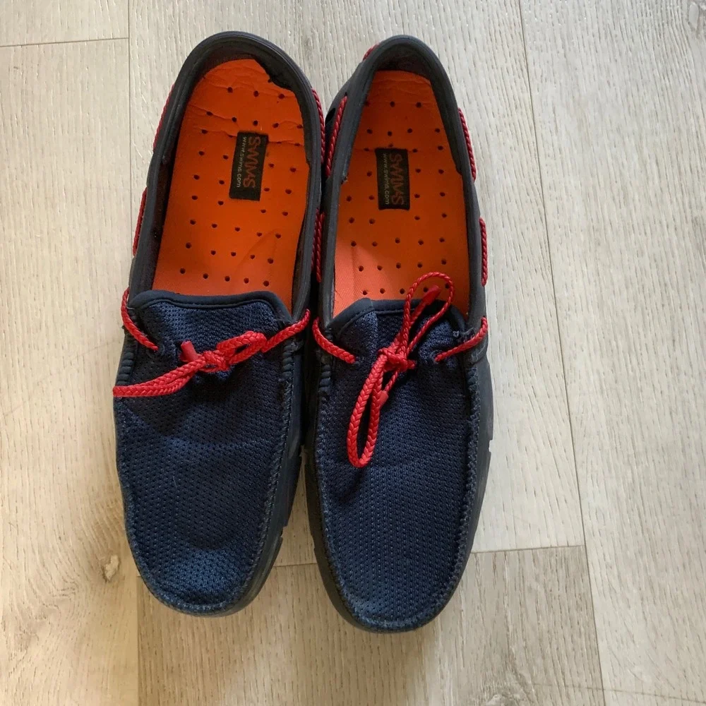 Swims Mens Braided Lace Loafer Navy Blue Red Rubber Mesh Boat Shoes Size 9